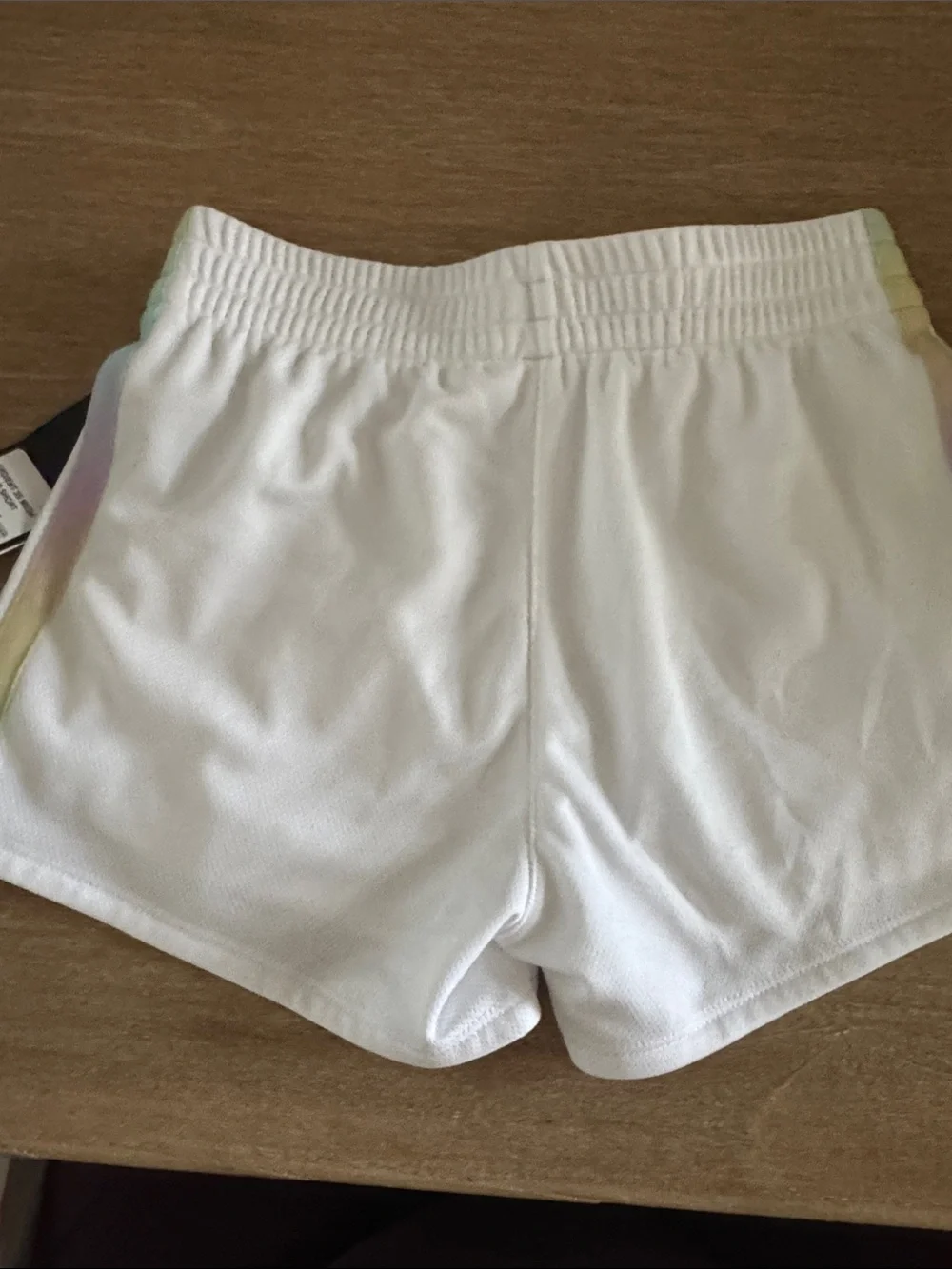adidas White Mesh Athletic Shorts with Pastel Rainbow Stripes